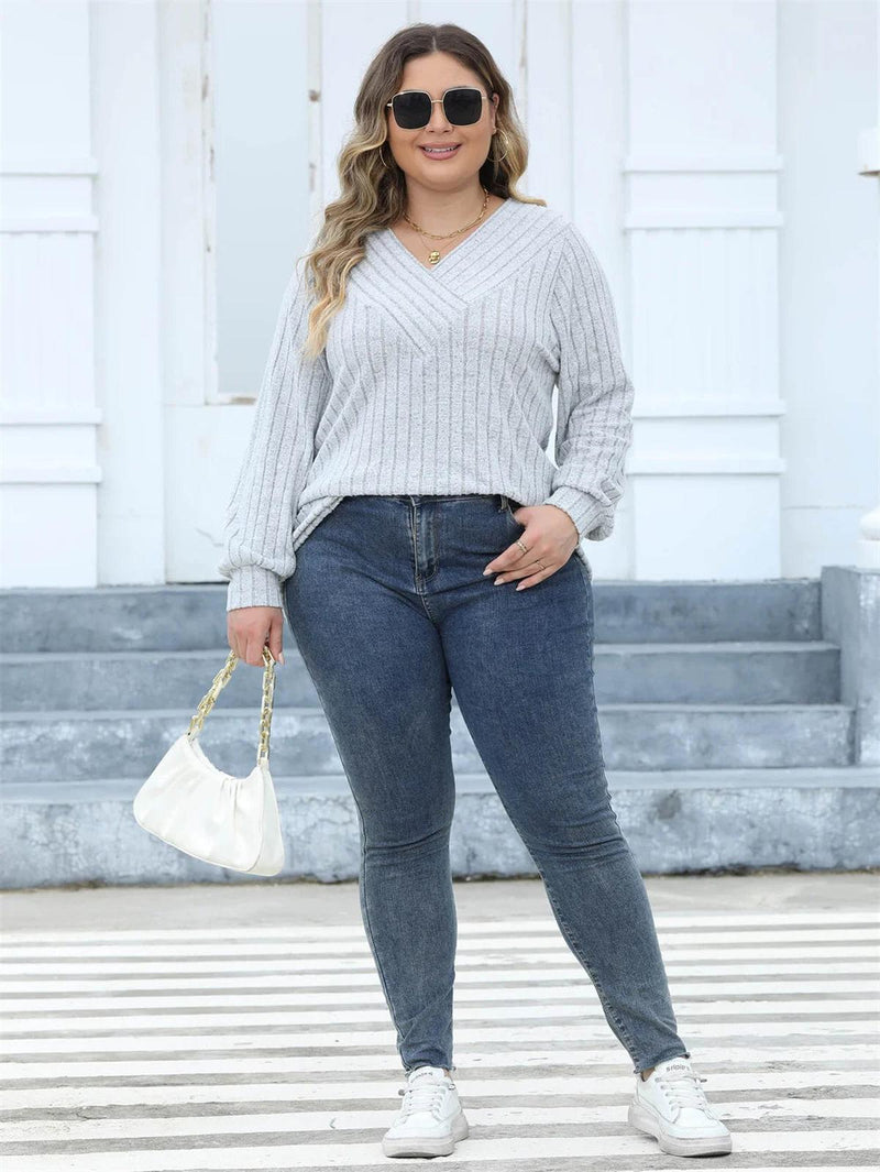 Plus Size Ribbed Knit V-Neck Long Sleeve Top