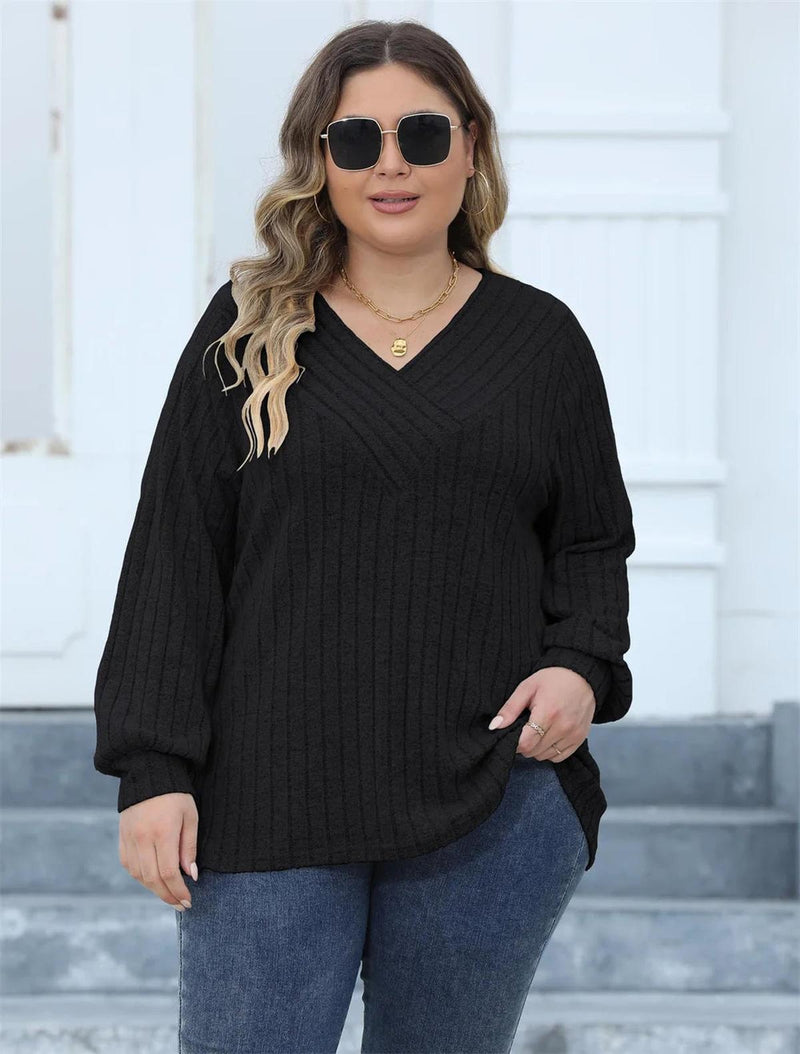 Plus Size Ribbed Knit V-Neck Long Sleeve Top