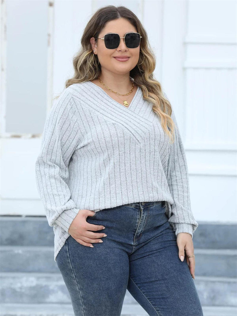 Plus Size Ribbed Knit V-Neck Long Sleeve Top