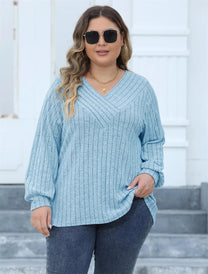 Plus Size Ribbed Knit V-Neck Long Sleeve Top