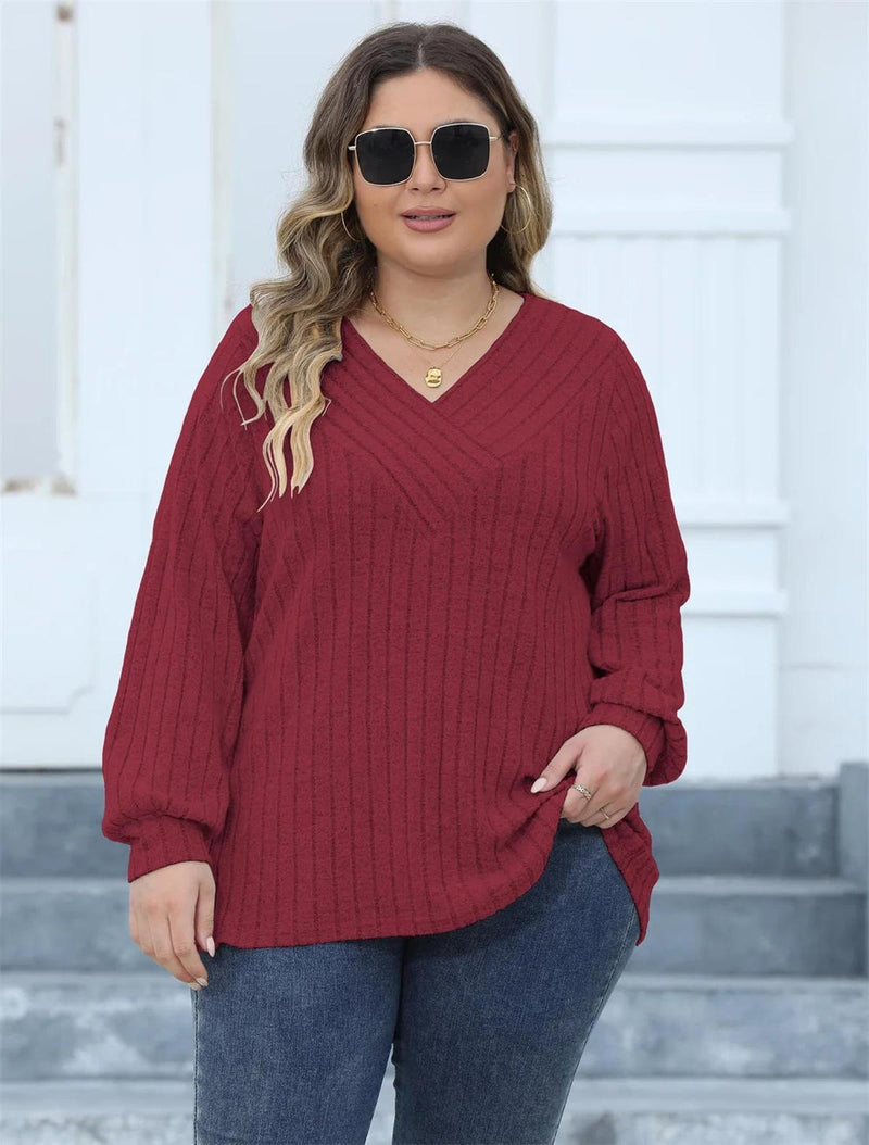 Plus Size Ribbed Knit V-Neck Long Sleeve Top