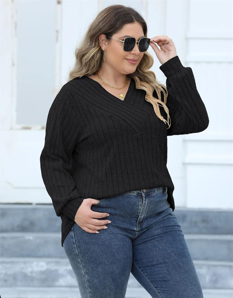 Plus Size Ribbed Knit V-Neck Long Sleeve Top