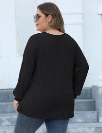 Plus Size Ribbed Knit V-Neck Long Sleeve Top