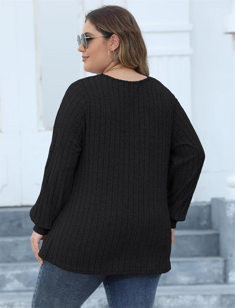 Plus Size Ribbed Knit V-Neck Long Sleeve Top