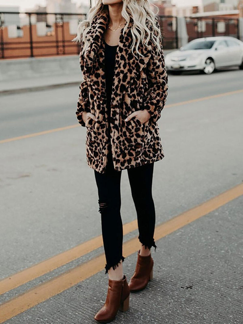 Plush Leopard Print Winter Fur Jacket