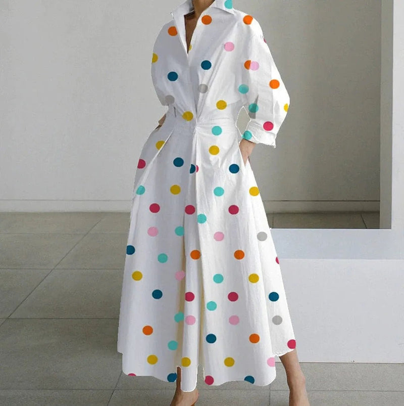 Polka Dot Cinched Waist A-Line Shirt Dress