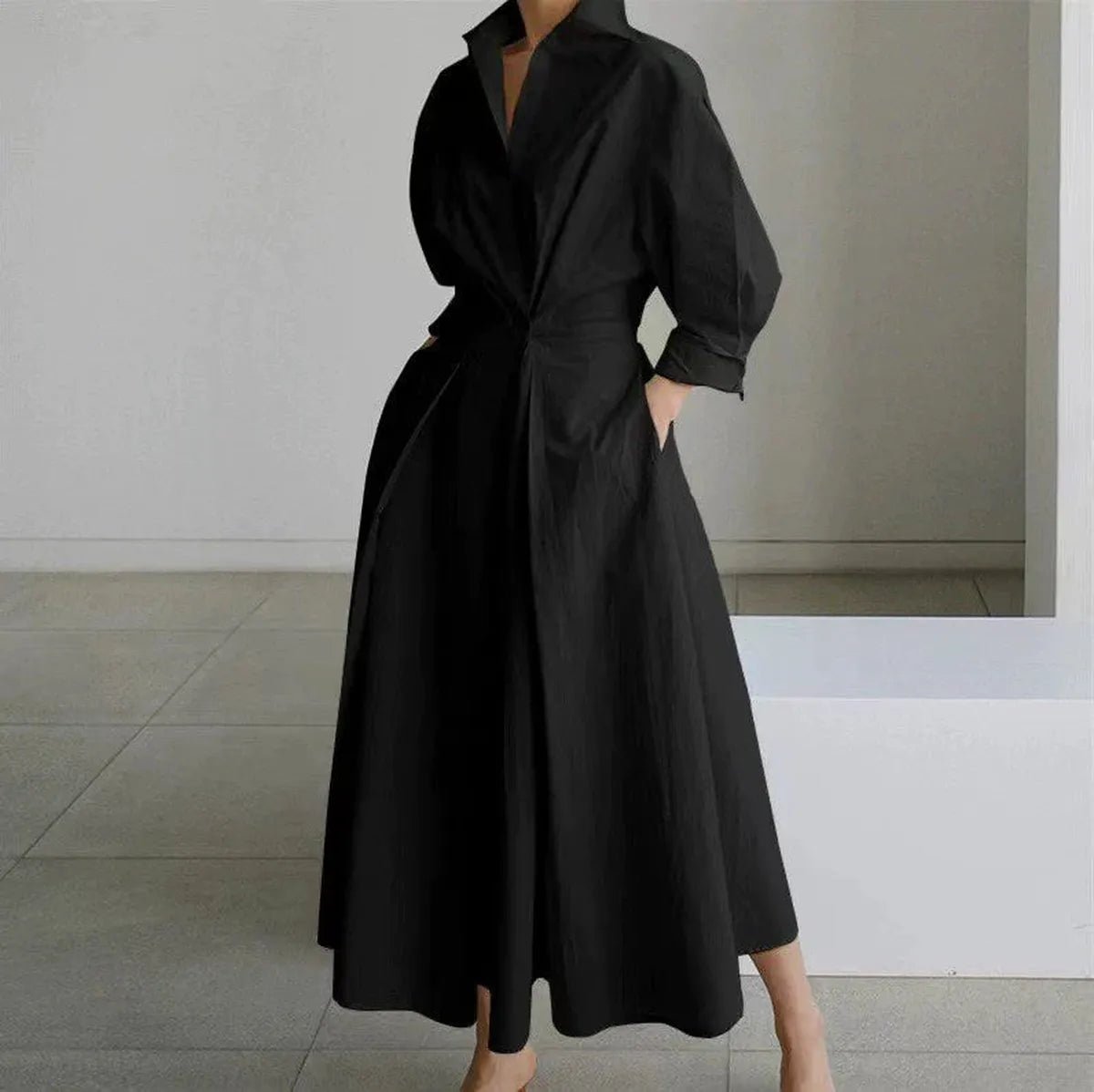 Polka Dot Cinched Waist A-Line Shirt Dress