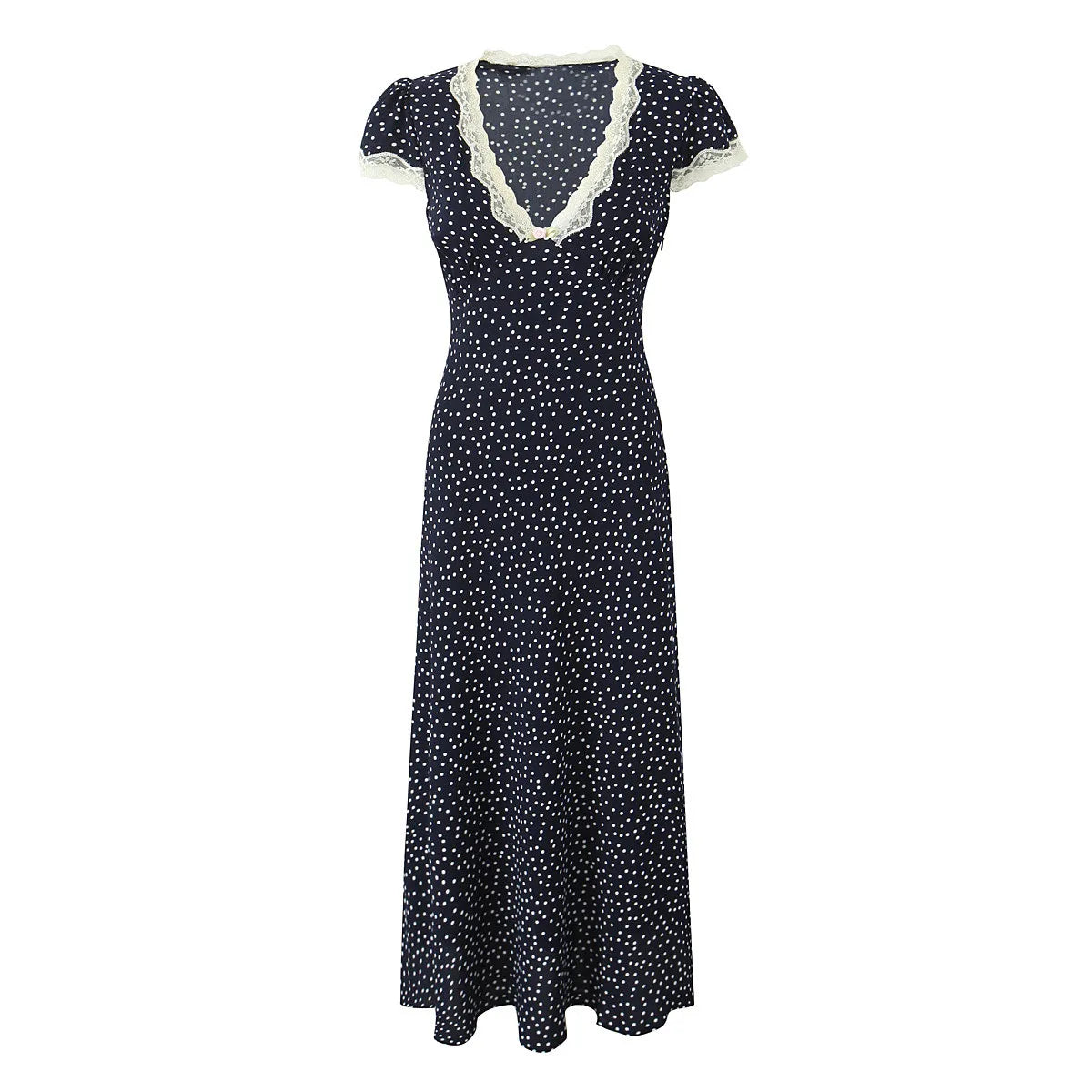 Polka Dot Lace-Trim Midi Dress