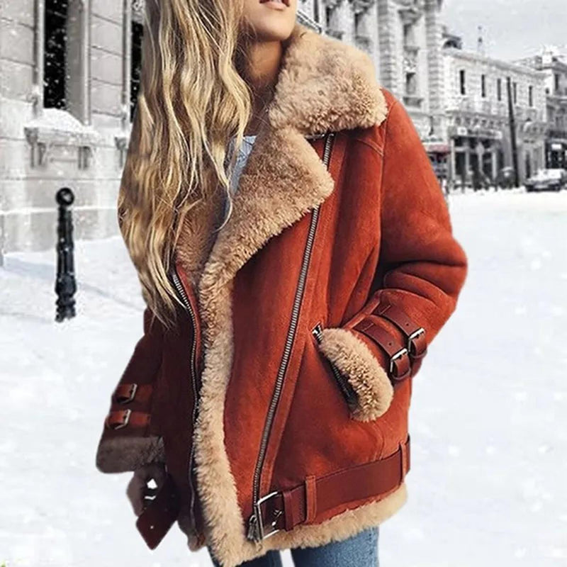 Premium Suede Sheepskin Jacket With Belt And Pockets