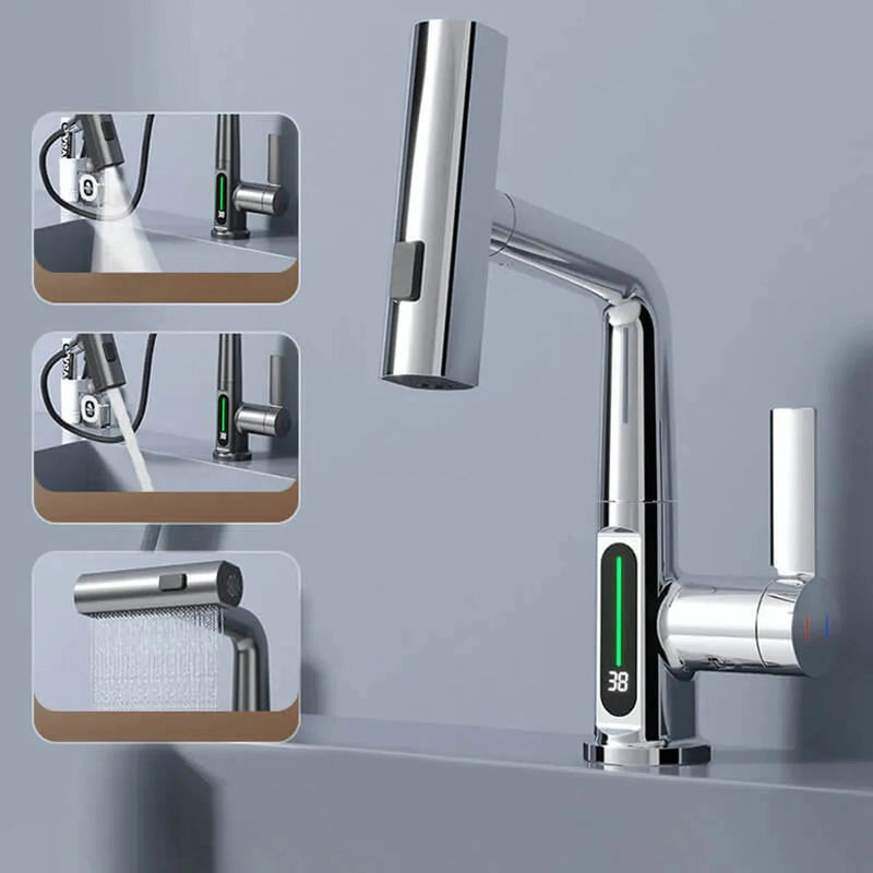 Pull-Out Kitchen and Bathroom Faucet with LED Temperature Display