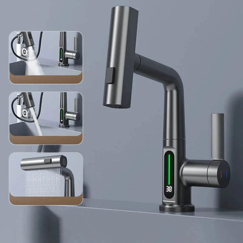 Pull-Out Kitchen and Bathroom Faucet with LED Temperature Display