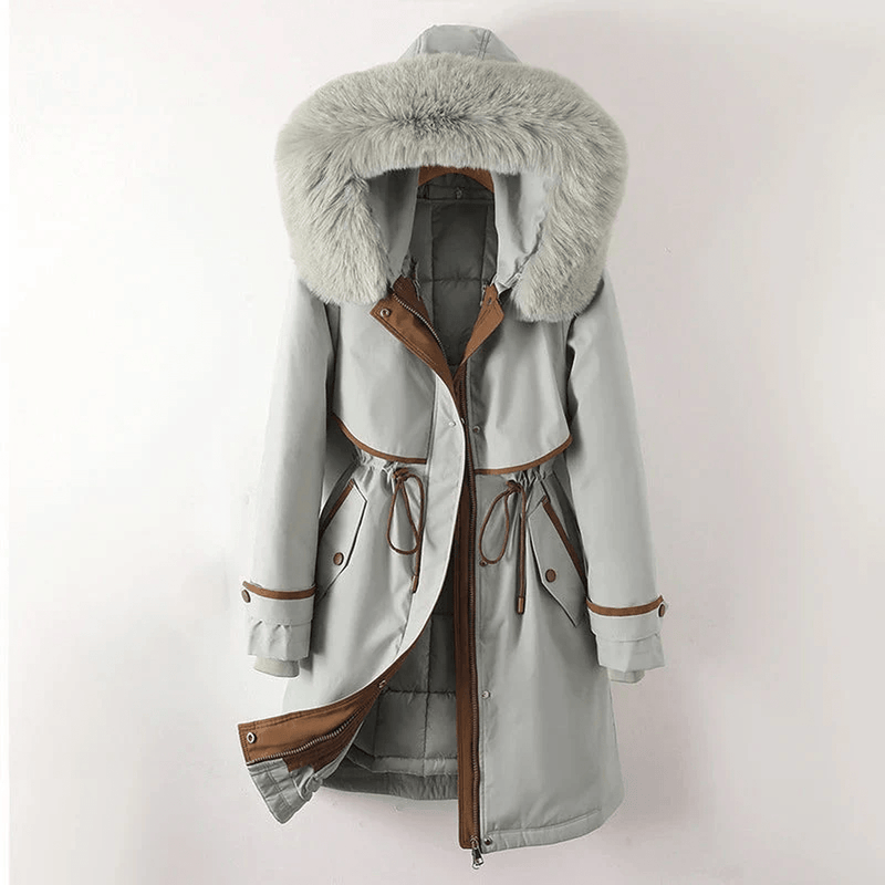 Quilted Winter Parka Jacket With Adjustable Waist And Faux Fur Hood