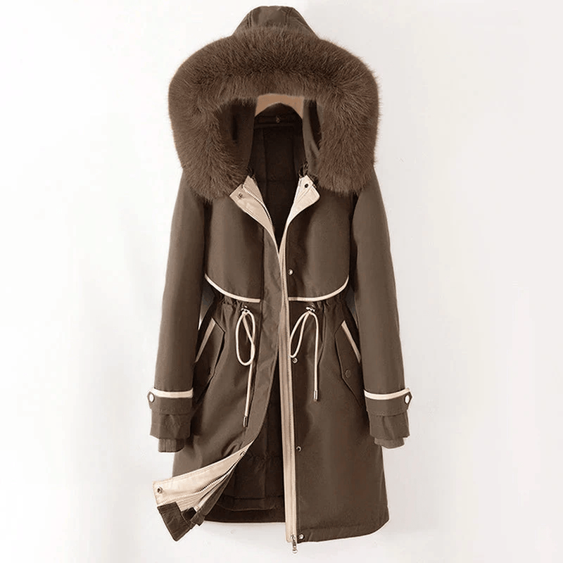 Quilted Winter Parka Jacket With Adjustable Waist And Faux Fur Hood