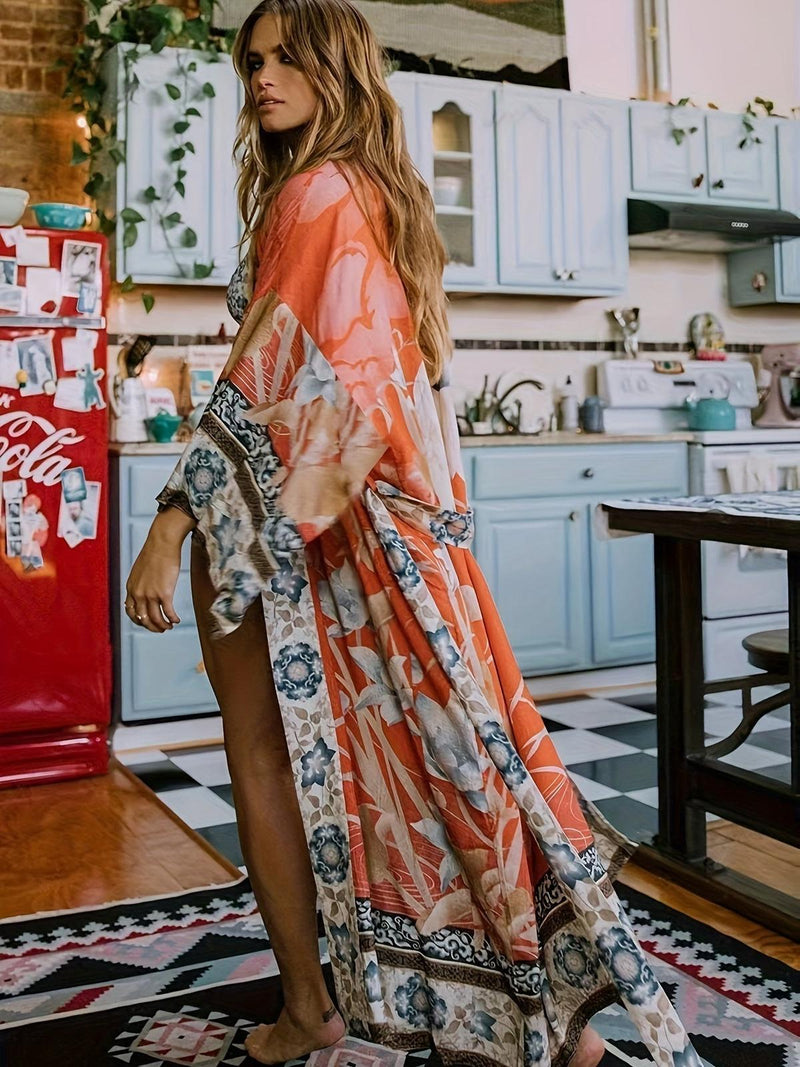 Red Floral Kimono Beach Cover-Up With Batwing Sleeves