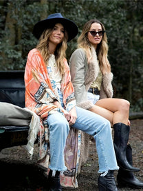 Red Floral Kimono Beach Cover-Up With Batwing Sleeves