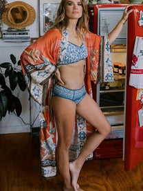 Red Floral Kimono Beach Cover-Up With Batwing Sleeves