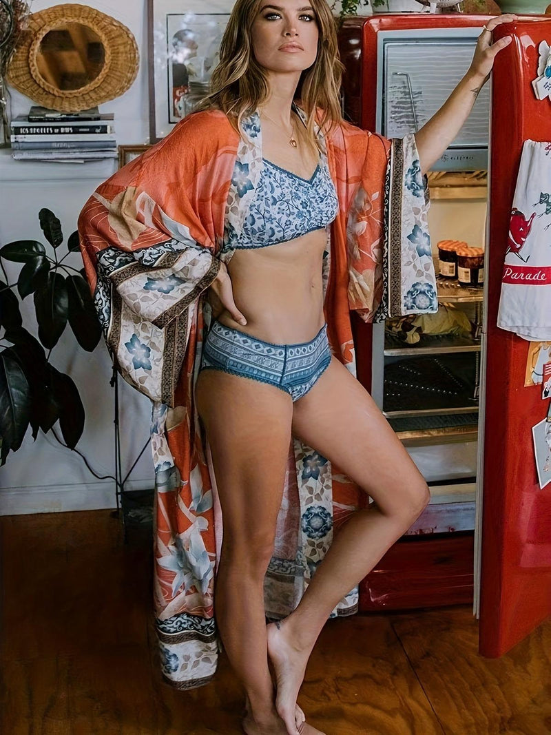 Red Floral Kimono Beach Cover-Up With Batwing Sleeves