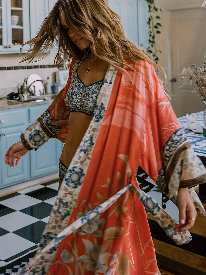 Red Floral Kimono Beach Cover-Up With Batwing Sleeves