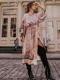 Red Floral Kimono Beach Cover-Up With Batwing Sleeves