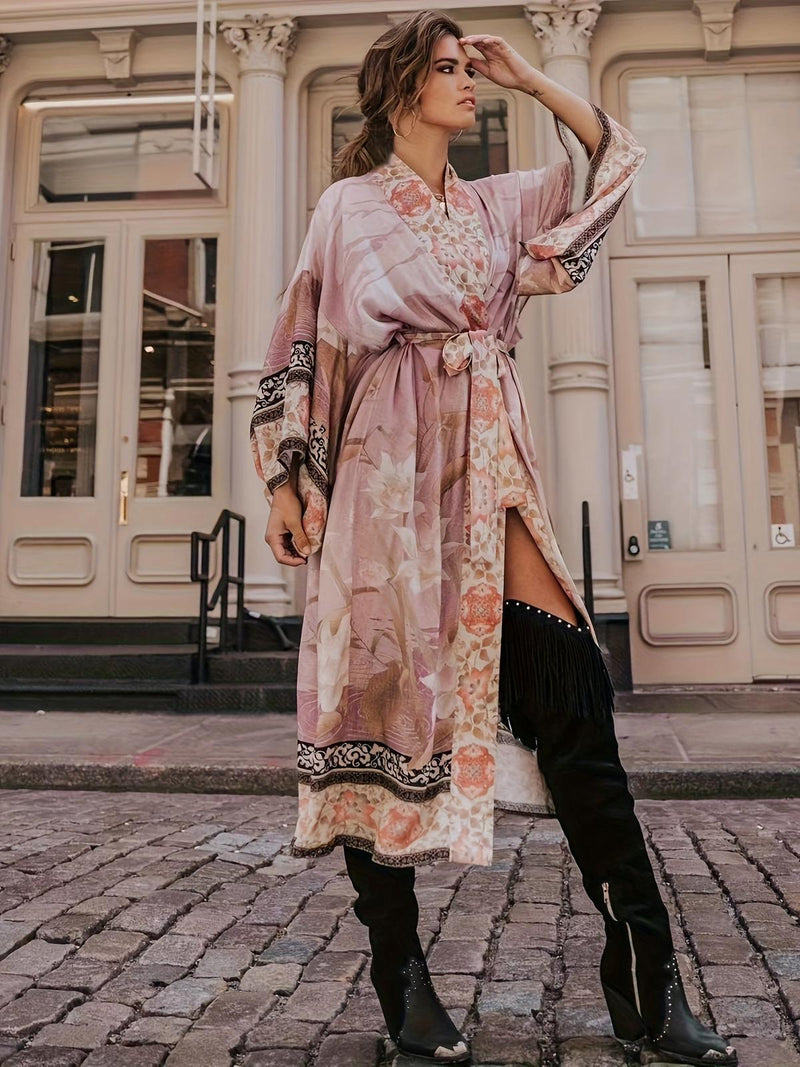 Red Floral Kimono Beach Cover-Up With Batwing Sleeves