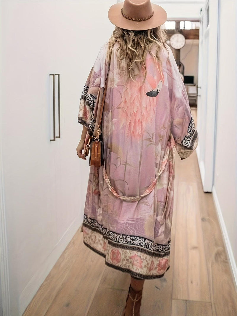 Red Floral Kimono Beach Cover-Up With Batwing Sleeves