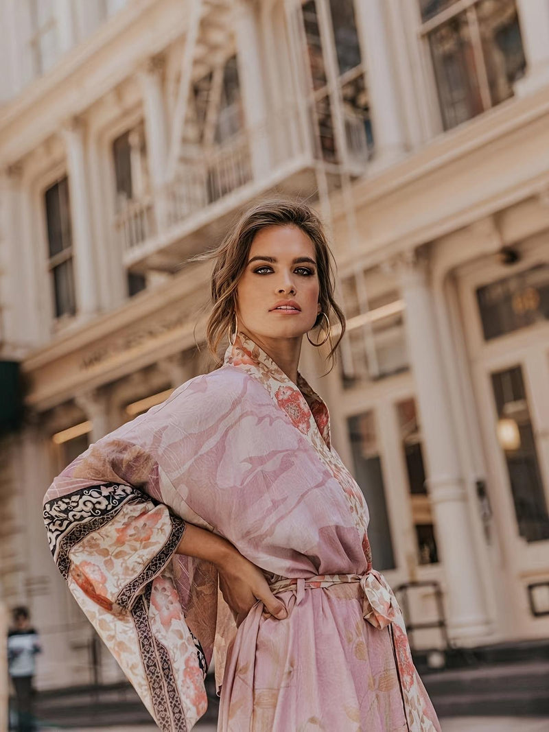 Red Floral Kimono Beach Cover-Up With Batwing Sleeves