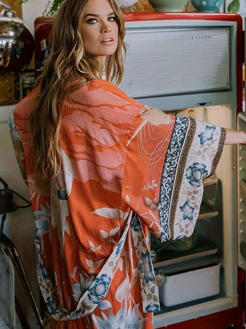 Red Floral Kimono Beach Cover-Up With Batwing Sleeves
