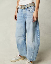 Relaxed Barrel Cut Distressed Jeans With 4-Pocket Design