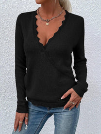 Relaxed Fit Scalloped V-Neck Knit Sweater Herwick