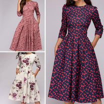 Retro Floral Dress With 3/4 Puff Sleeves