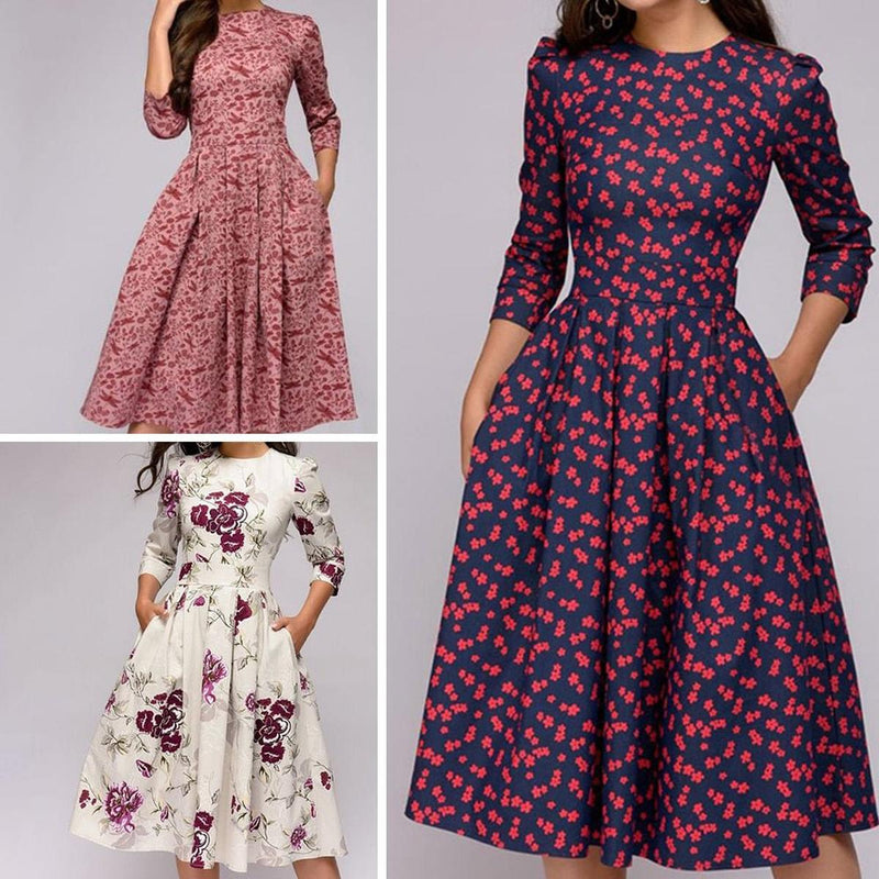 Retro Floral Dress With 3/4 Puff Sleeves
