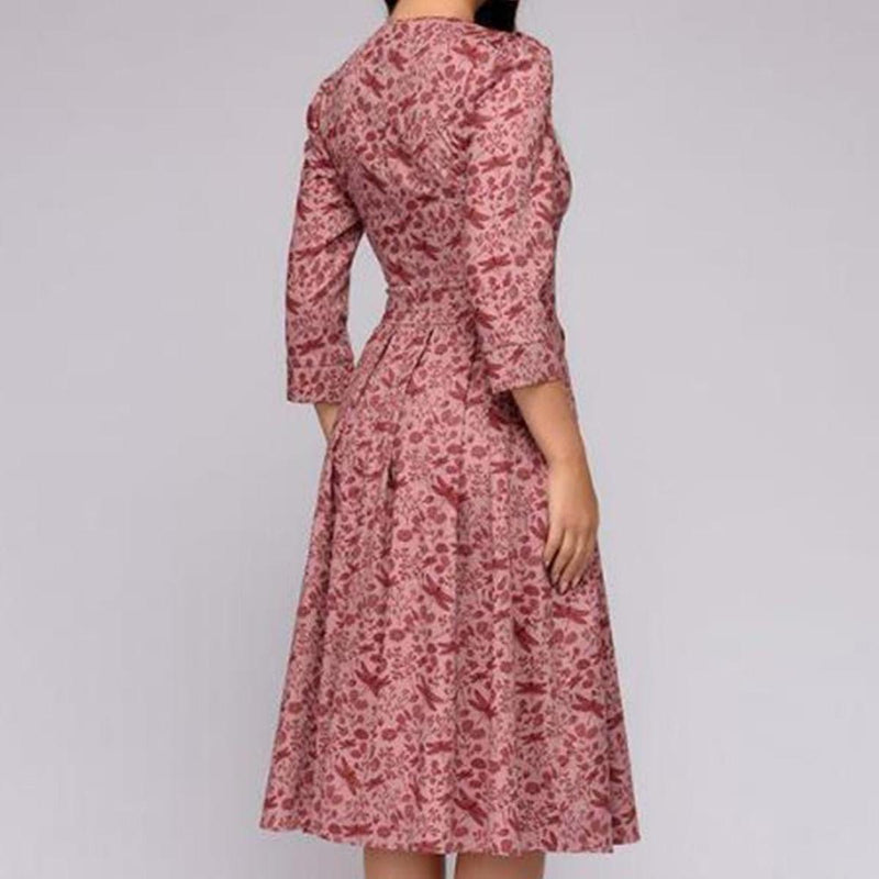 Retro Floral Dress With 3/4 Puff Sleeves