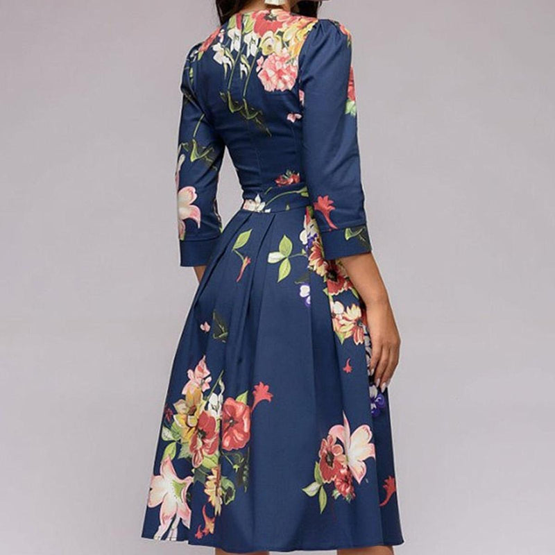 Retro Floral Dress With 3/4 Puff Sleeves