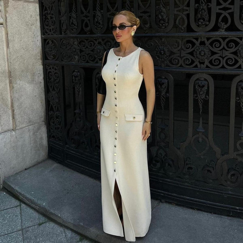 Ribbed Knit Button-Front Maxi Dress