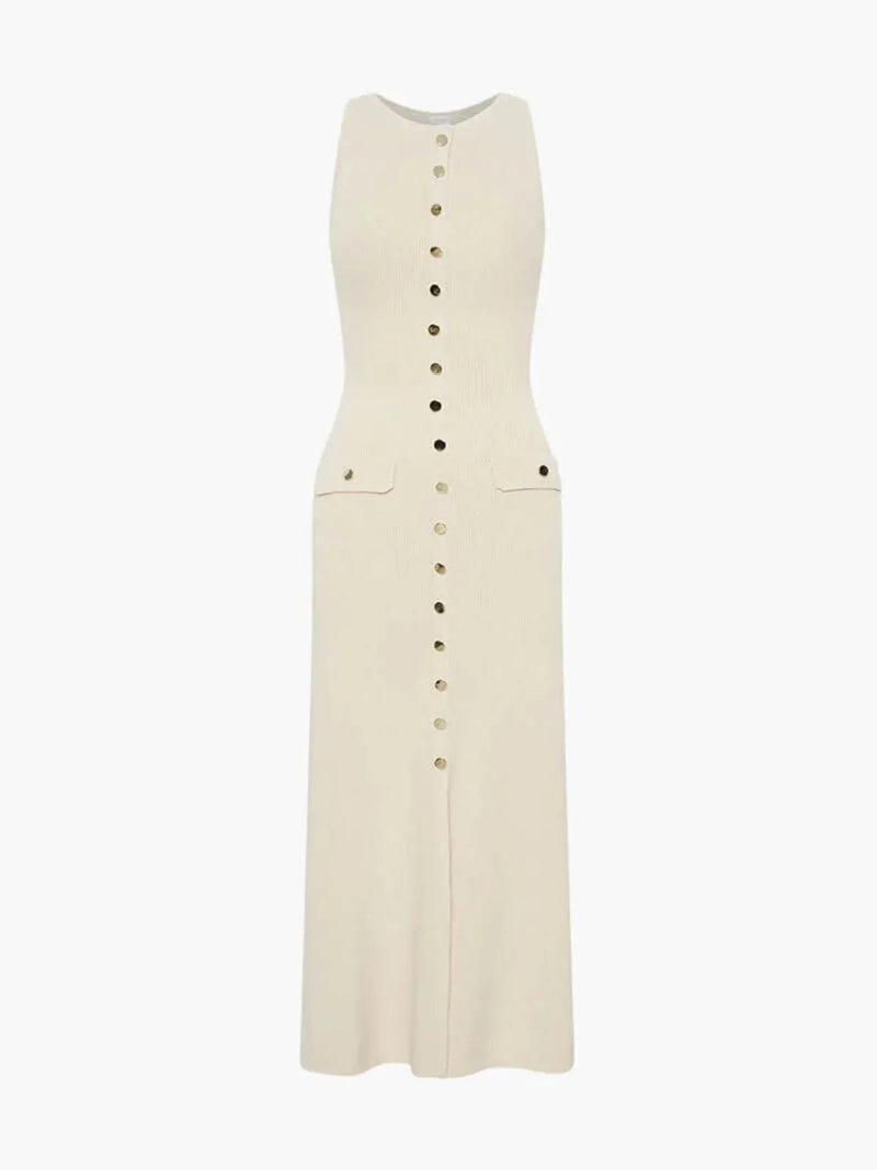 Ribbed Knit Button-Front Maxi Dress