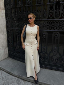 Ribbed Knit Button-Front Maxi Dress