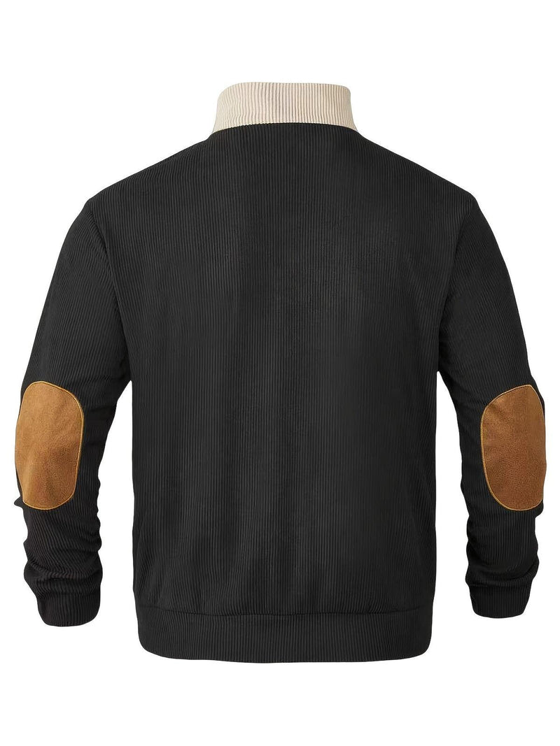 Ribbed Quarter Button Pullover Sweater With Elbow Patches