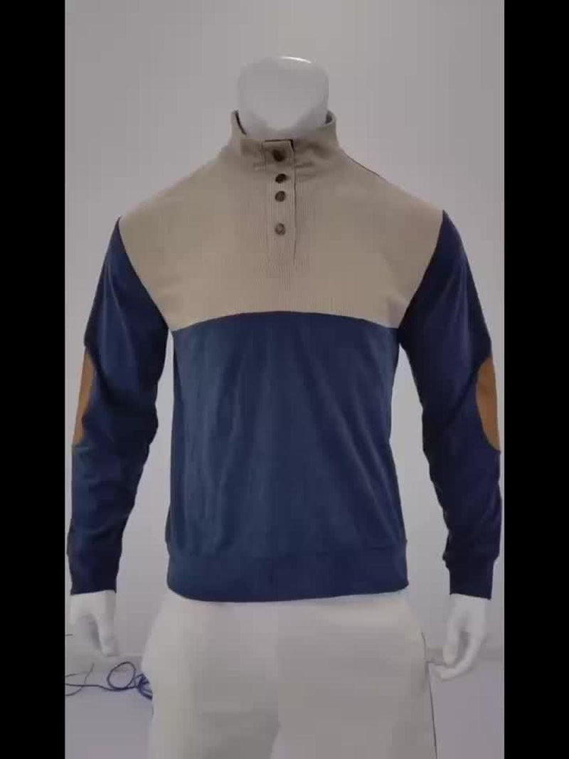 Ribbed Quarter Button Pullover Sweater With Elbow Patches