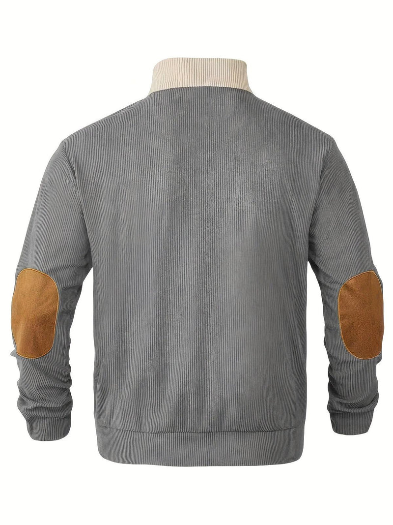 Ribbed Quarter Button Pullover Sweater With Elbow Patches