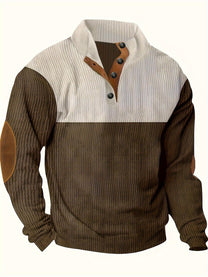 Ribbed Quarter Button Pullover Sweater With Elbow Patches