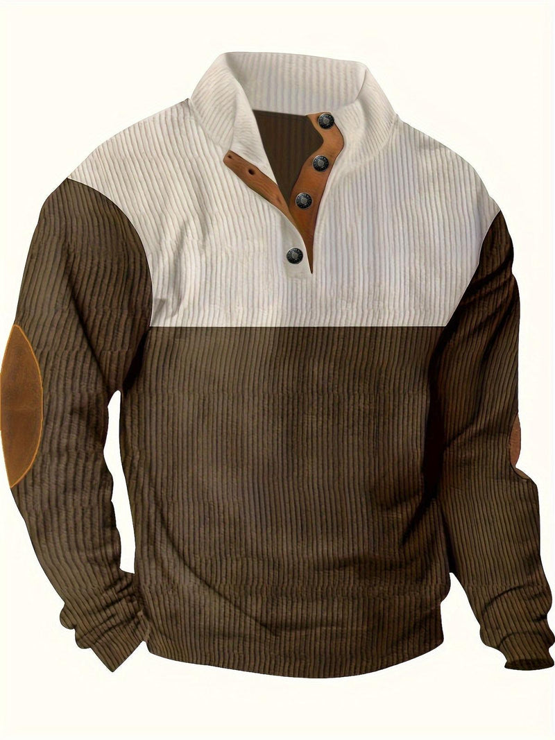 Ribbed Quarter Button Pullover Sweater With Elbow Patches