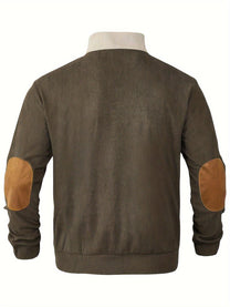 Ribbed Quarter Button Pullover Sweater With Elbow Patches