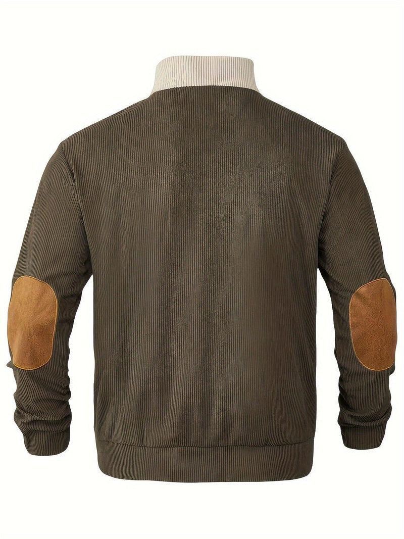 Ribbed Quarter Button Pullover Sweater With Elbow Patches