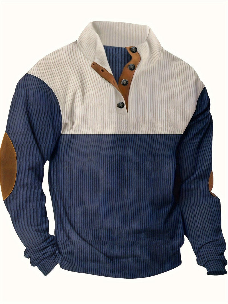 Ribbed Quarter Button Pullover Sweater With Elbow Patches