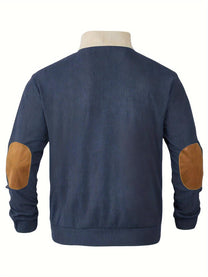 Ribbed Quarter Button Pullover Sweater With Elbow Patches
