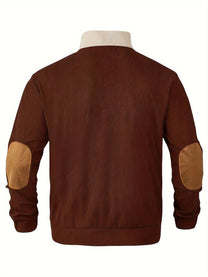 Ribbed Quarter Button Pullover Sweater With Elbow Patches