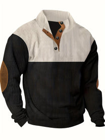 Ribbed Quarter Button Pullover Sweater With Elbow Patches