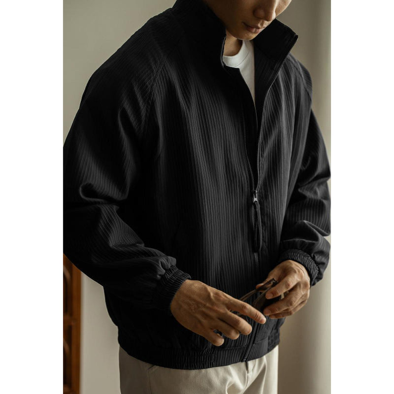 Ribbed Texture Casual Jacket With Stand Collar