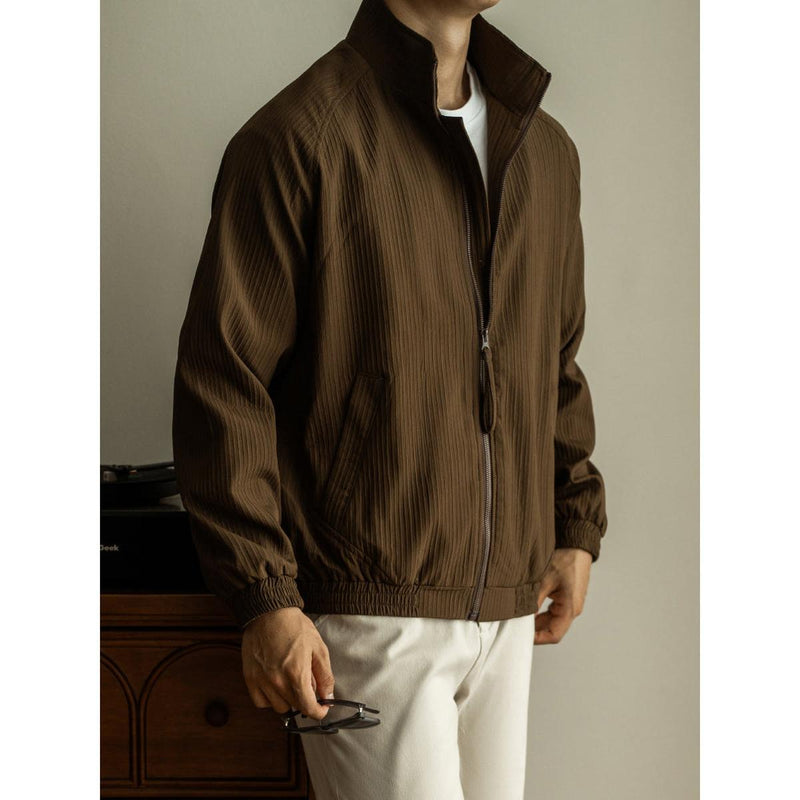 Ribbed Texture Casual Jacket With Stand Collar