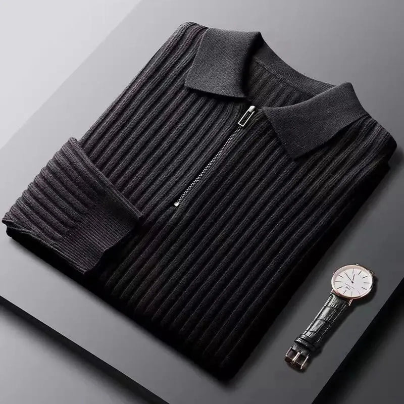 Ribbed Wool Blend Half-Zip Polo Sweater